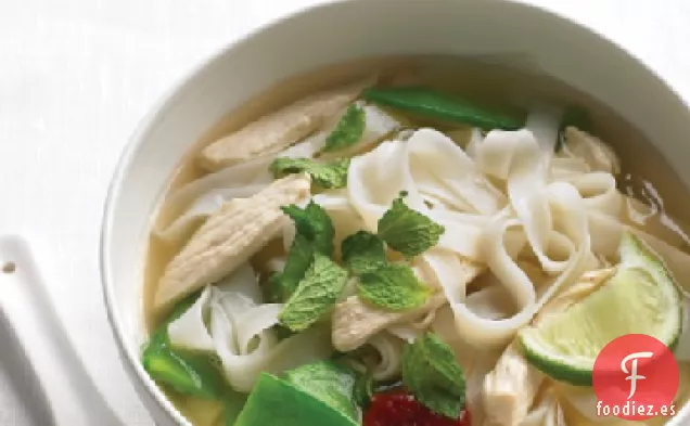 Sopa de Fideos Asiáticos con Pollo y Guisantes de Nieve