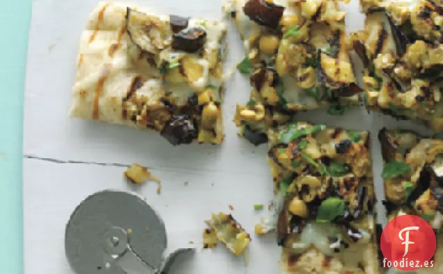 Berenjena, Aceituna Verde y Pizza de Provolone