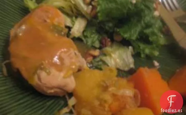 Pollo de Arce y Naranja Con Calabaza de Bellota y Batatas