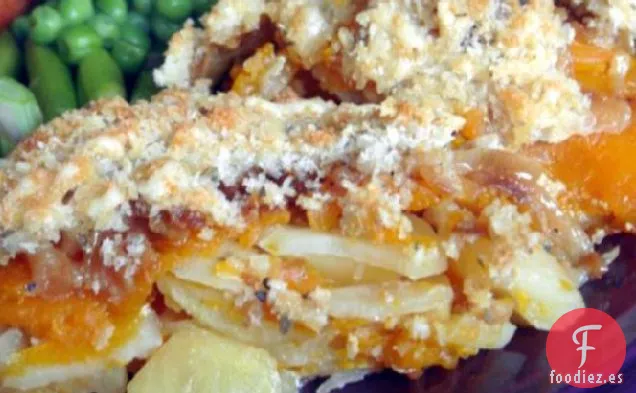 Calabaza y Yukon Gold Gratinado con queso Gruyere