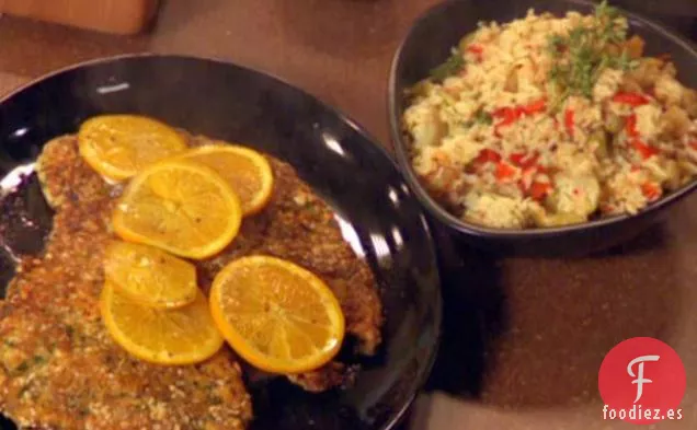Chuletas de Pollo Españolas y Arroz de Oliva con Alcachofas y Pimientos de Piquillo