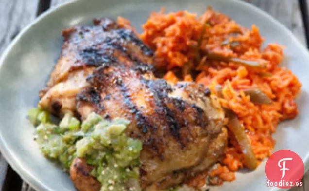 Muslos de Pollo con Costra de Comino con Salsa de Tomatillo a la Parrilla
