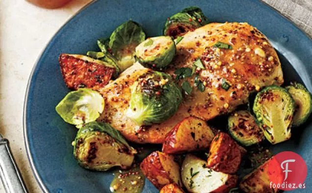 Pollo con Coles de Bruselas y Salsa de Mostaza