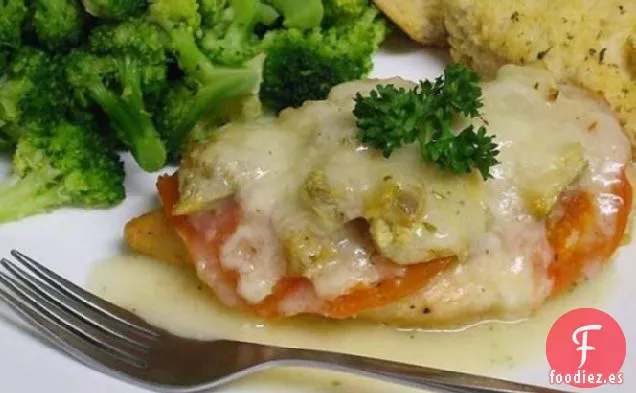 Chuletas de Pollo Con Alcachofas, Tomate y Mozzarella
