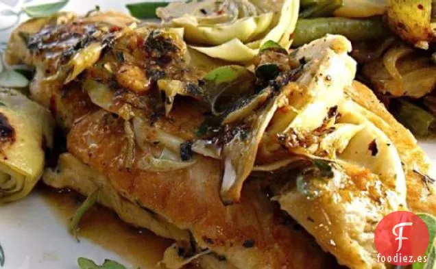 Pollo Griego Estofado y Alcachofas