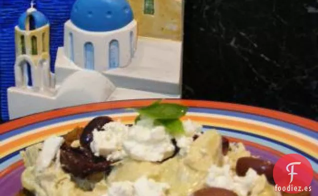 Revuelto Griego Con Alcachofas, Aceitunas Negras y Queso Feta