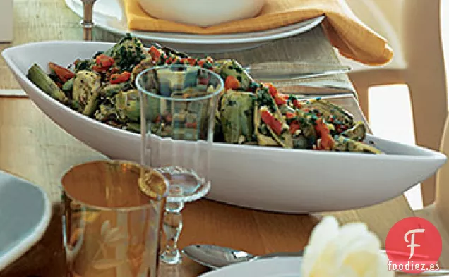Alcachofas Cocidas con Pimientos Rojos y Ajo