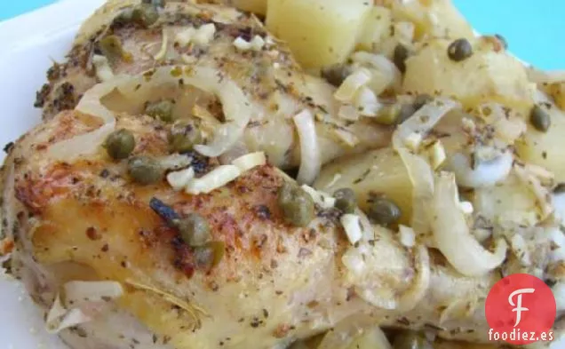 Patas de Pollo Asadas al Estilo Griego, Papas y Alcaparras