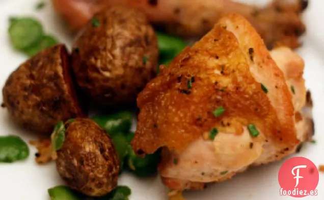 Cena de esta noche: Cazuela de Pollo con Colmenillas, Habas y Papas de Primavera