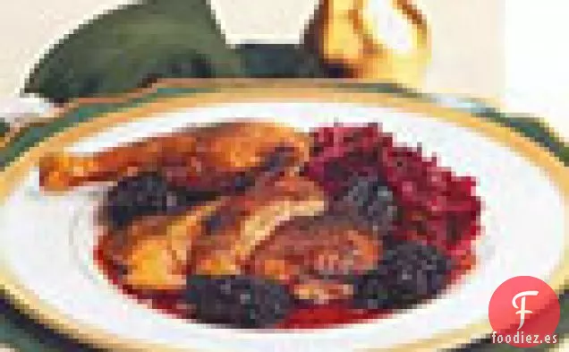 Pato Asado con Ciruelas Pasas y Repollo Estofado con Vino