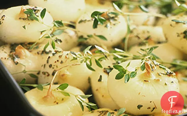 Cebollas Cipollini Asadas a Hierbas con Champiñones Porcini