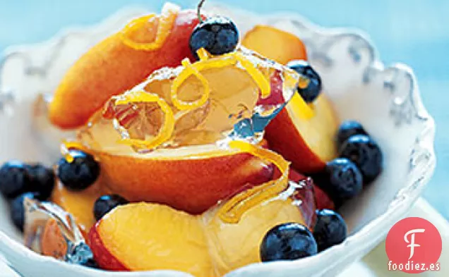 Jalea de Prosecco con Nectarinas, Arándanos y Piel de Naranja Confitada