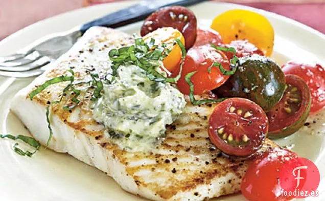 Fletán Salteado con Mantequilla de Pesto de Limón