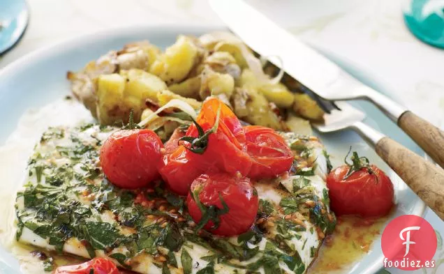 Fletán a la Parrilla con Alevines Rotos y Mantequilla de Tomate