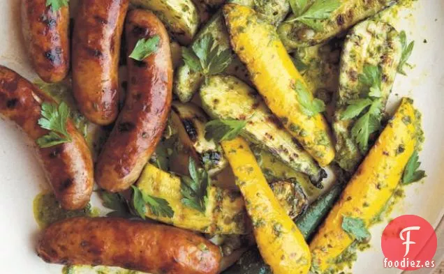 Calabaza a la parrilla y Salchichas con salsa Verte de ' Kitchen Garden Cookbook