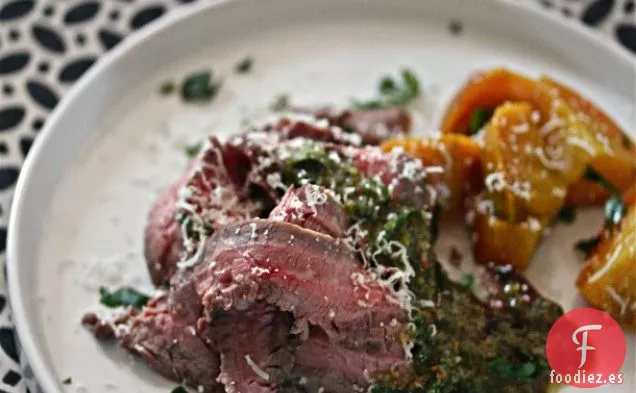 Bistec a la Parrilla con Pesto de Pistacho y Menta y Remolacha Asada