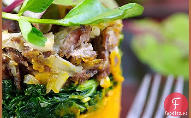 Confit De Pato, Calabaza Y Parmentier De Col Rizada, Con Su Ensalada