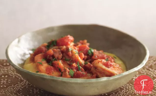 Camarones y Panceta en Polenta