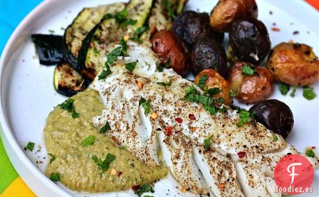 Bacalao Frotado de Za'atar Con Puré de Garbanzos Picante y Calabacín a la Parrilla