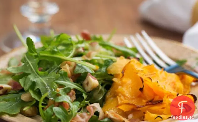 Cintas de Calabaza Asada con Rúcula, Panceta y Ensalada de Avellanas