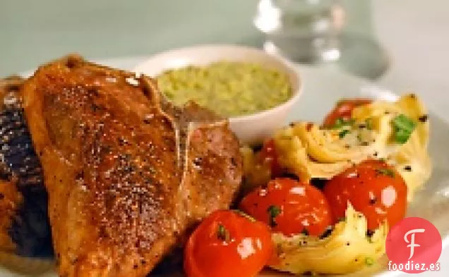 Chuletas De Cordero Con Salsa De Pistacho Y Salteado De Verduras