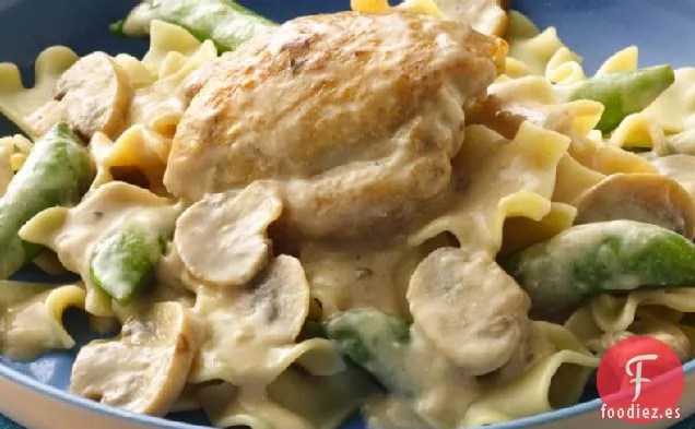 Muslos de Pollo Picantes con Champiñones y Vainas de Guisantes