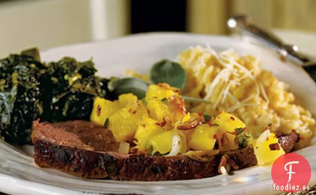 Pierna de Cordero con Costra de Salvia con Salsa de Piña y Nueces