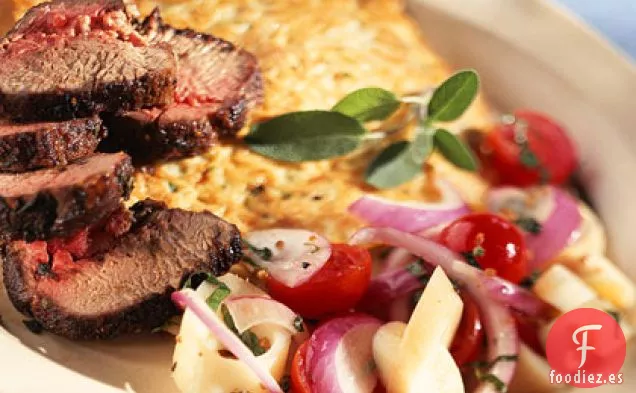 Lomo de Cordero con Costra de Salvia y Patrick con Crepe de Cabello de Ángel y Ensalada de Tomate y Palmitos Rotos