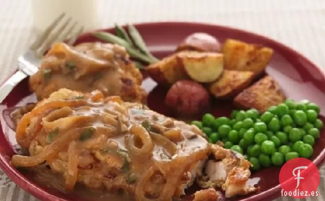 Pollo Frito al Horno con Salsa de Champiñones y Cebolla Dulces