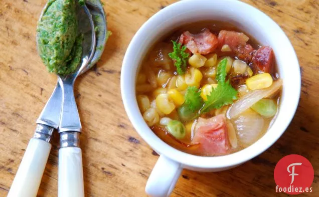 Succotash Minestrone Con Mostaza Verde Y El Miso Pesto