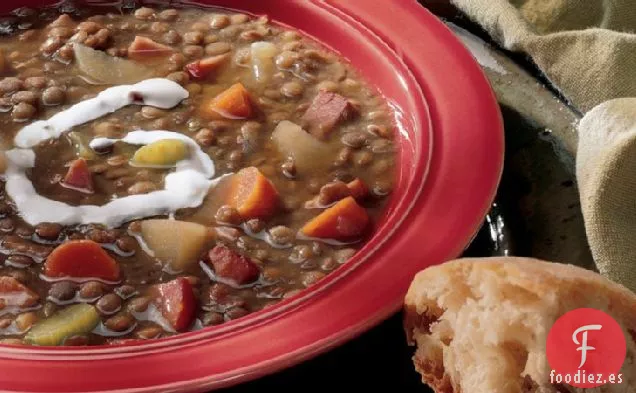 Sopa de Lentejas y Tocino Canadiense de Cocción Lenta