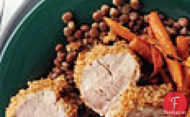 Cerdo con Costra de Mostaza con Zanahorias y Lentejas