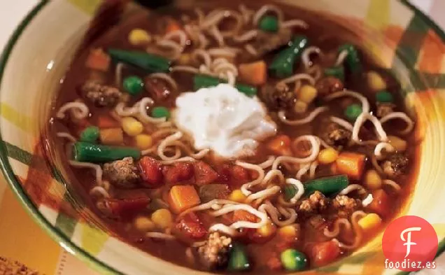 Sopa de Verduras con Carne y Fideos Picante