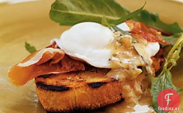Bruschetta de Desayuno con Jamón, Huevos Escalfados y Vinagreta de Mostaza Caliente