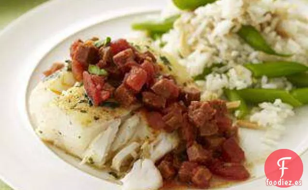 Bacalao Con Chorizo Y Arroz De Almendras Y Judías Verdes