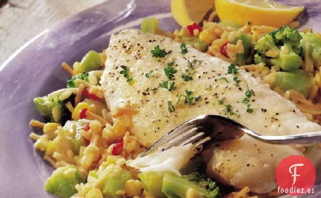 Pescado a limón con Verduras y Arroz