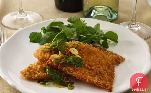 Lenguado de Petrale con Costra de Panko con Albahaca, Ajo y Naranja