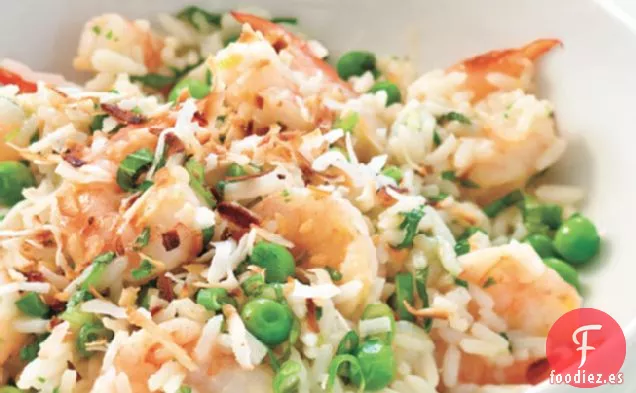 Ensalada De Camarones, Guisantes Y Arroz Con Vinagreta De Chutney De Mango