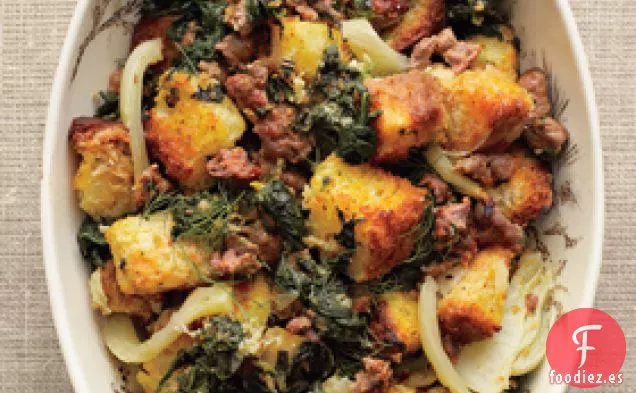 Relleno de Espinacas, Hinojo y Salchichas con Brioche Tostado