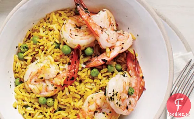 Tazón de Arroz con Camarones y Guisantes