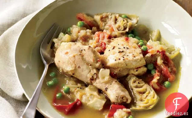 Tajine de Pollo con Corazones de Alcachofa y Guisantes