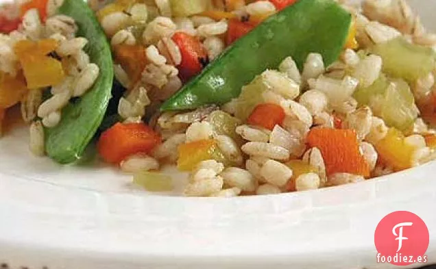 Pilaf de Cebada con Pimientos Asados y Guisantes de Nieve