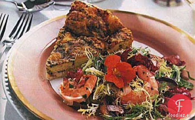 Frisée, Achicoria y Ensalada Verde Mixta con Camarones y Champiñones