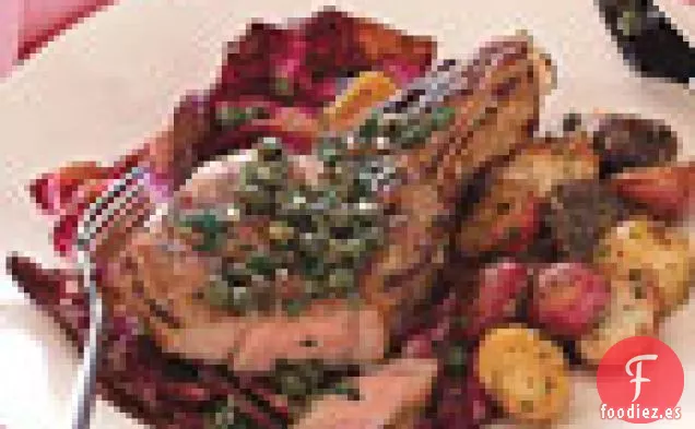 Chuletas de Ternera a la Parrilla y Achicoria con Salsa de Alcaparras de Limón