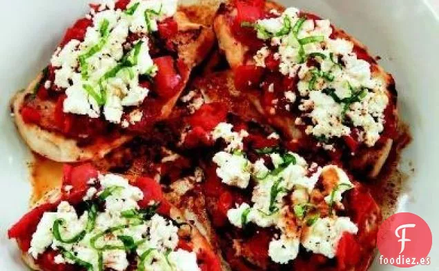 Pechugas de Pollo con Queso de Cabra y Tomates Asados al Fuego