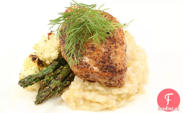Faisán con Risotto, Espárragos a la Parrilla y Coliflor Asada