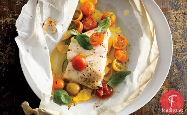 Filetes de Pescado con Tomates, Calabaza y Albahaca