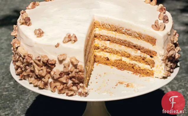 Pastel de Calabaza de Cuatro Capas con Glaseado de Queso Crema de Naranja