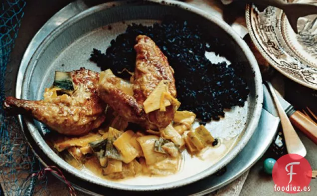 Fricasé de Gallina de Caza con Puerros Cremosos y Vadoum