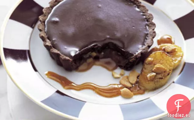 Tartaletas de Chocolate y Caramelo con Plátanos Asados y Caramelo Cítrico de Jengibre